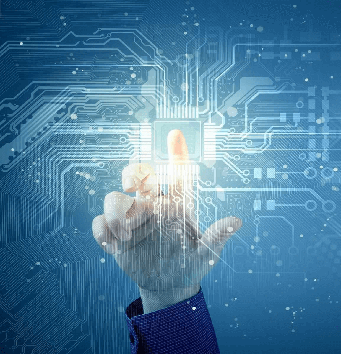 Hand interacting with a futuristic technology interface