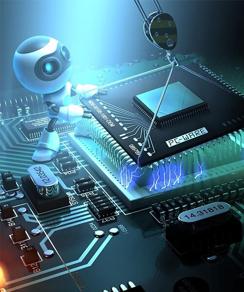 Robot placing a CPU on a circuit board, symbolizing innovation and technology partnership