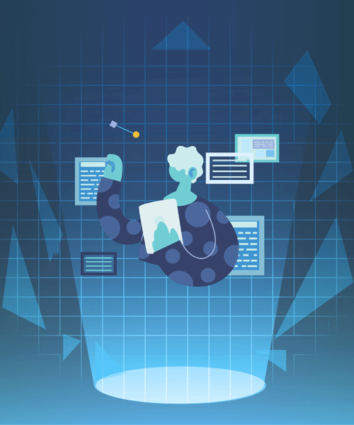 Professional character surrounded by screens working on tasks and fulfilling them
